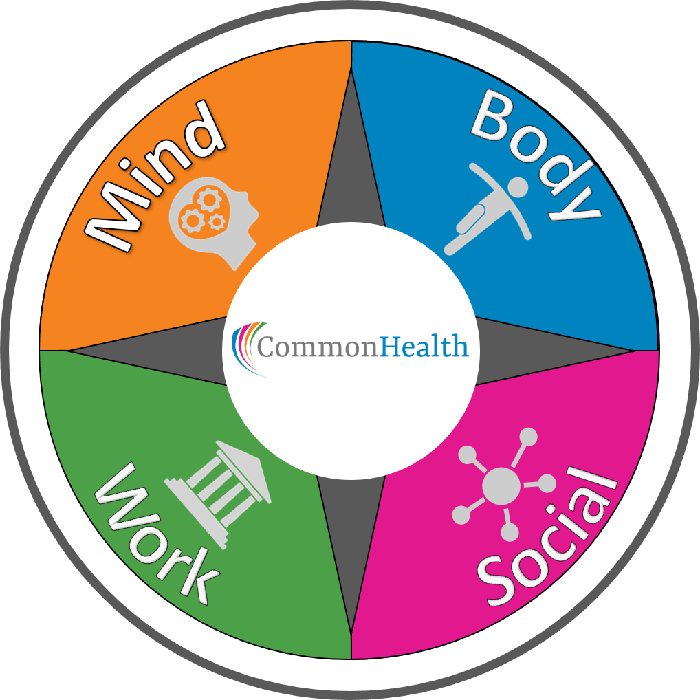 Roue CommonHealth dans les domaines de l'esprit, du corps, du social et du travail 